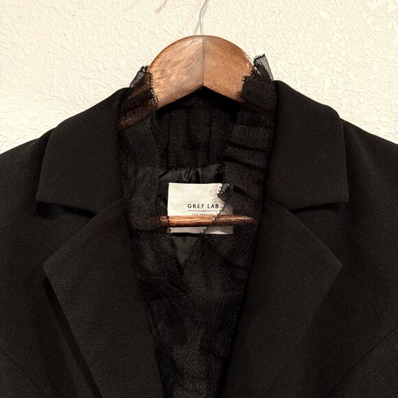 Grey Lab Black Blazer Jacket Ruffle Collar Single Button Size Small Office Work - Picture 3 of 11